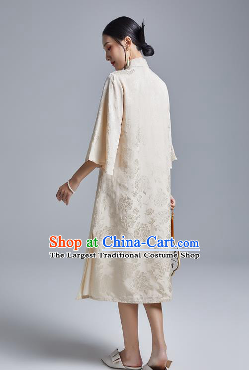 China Classical Brocade Cheongsam Costume Traditional Young Lady Beige Silk Qipao Dress
