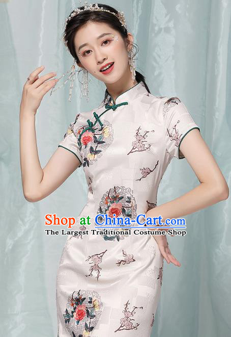 Chinese National Printing Peony White Brocade Qipao Dress Traditional Tang Suit Short Cheongsam Costume