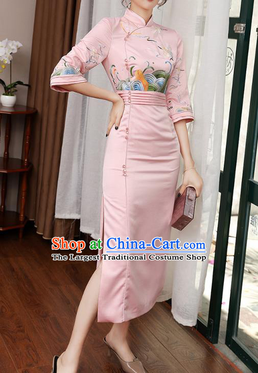 Chinese Modern Dance Pink Satin Qipao Dress Traditional Tang Suit Embroidered Cheongsam Costume