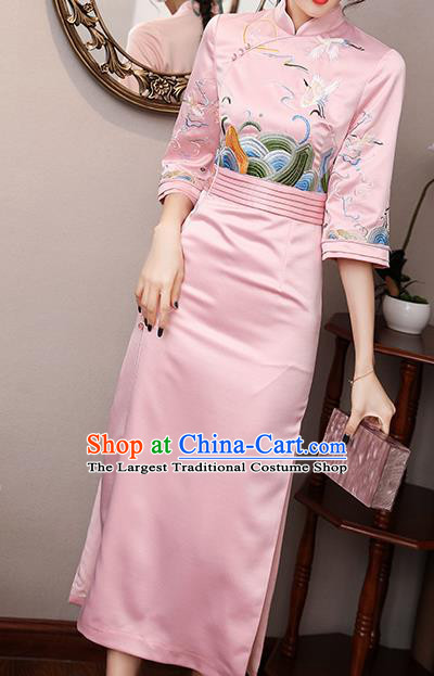Chinese Modern Dance Pink Satin Qipao Dress Traditional Tang Suit Embroidered Cheongsam Costume