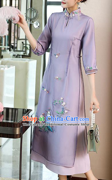 Chinese Zen Costume Traditional Tang Suit Embroidered Purple Organdy Cheongsam Stand Collar Qipao Dress
