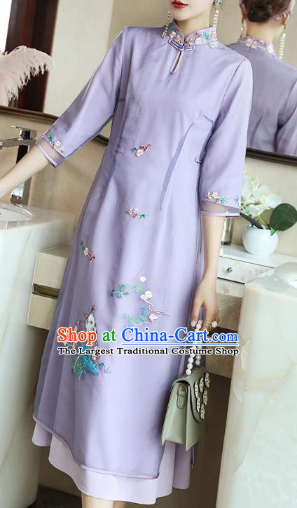 Chinese Zen Costume Traditional Tang Suit Embroidered Purple Organdy Cheongsam Stand Collar Qipao Dress