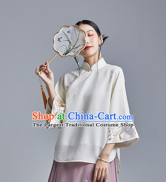 Chinese Traditional Tang Suit Shirt Upper Outer Garment Classical Cheongsam Embroidered Phoenix White Blouse