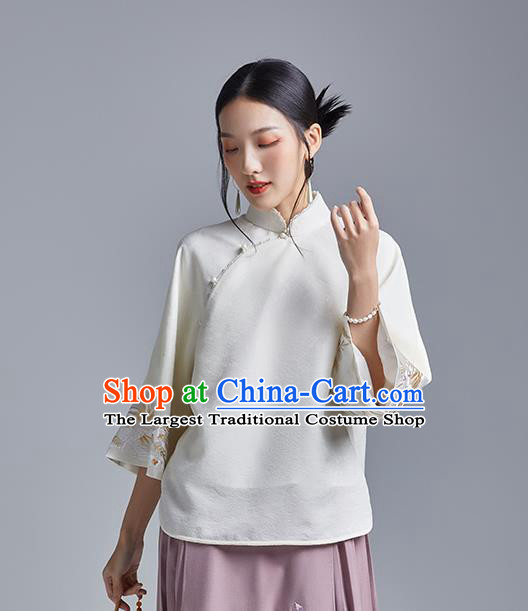 Chinese Traditional Tang Suit Shirt Upper Outer Garment Classical Cheongsam Embroidered Phoenix White Blouse