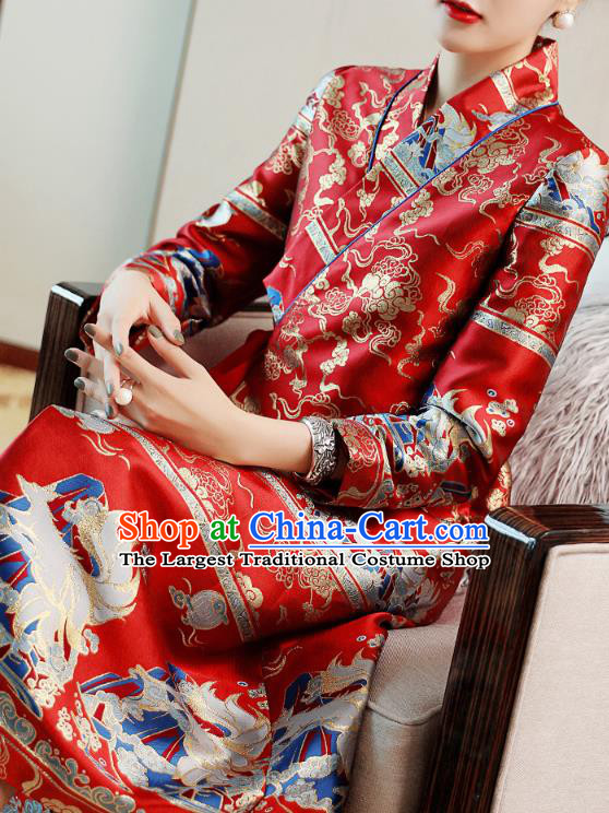 Chinese Tang Suit Red Brocade Cheongsam Costume Traditional Woman Qipao Dress