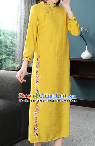 Chinese Tang Suit Embroidered Yellow Cheongsam Costume Traditional Woman Slant Opening Qipao Dress