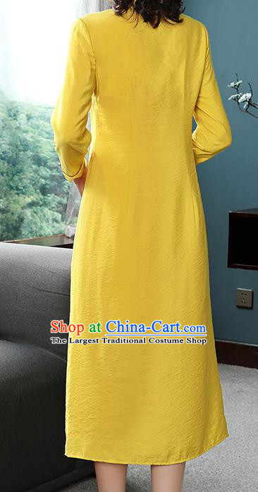 Chinese Tang Suit Embroidered Yellow Cheongsam Costume Traditional Woman Slant Opening Qipao Dress