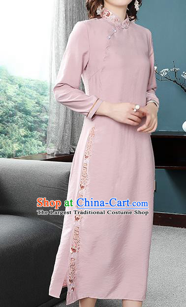 Chinese Traditional Woman Modern Qipao Dress Tang Suit Embroidered Pink Cheongsam Costume