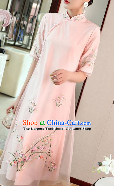 Chinese Embroidered Pink Organdy Cheongsam Costume Traditional Tang Suit Qipao Dress