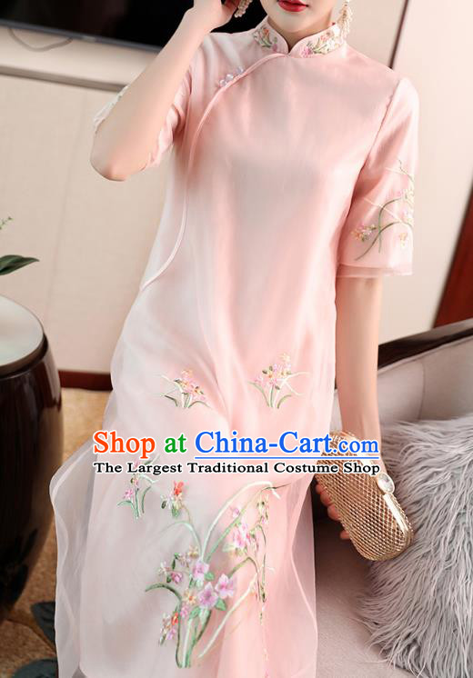 Chinese Embroidered Pink Organdy Cheongsam Costume Traditional Tang Suit Qipao Dress