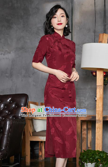 Chinese Classical Dance Wine Red Cheongsam Costume Traditional Tang Suit Old Shanghai Qipao Dress