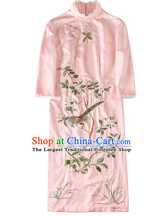 Chinese Embroidered Pink Satin Qipao Dress Traditional Tang Suit Cheongsam Costume