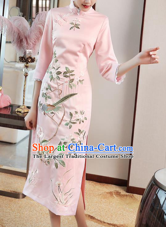 Chinese Embroidered Pink Satin Qipao Dress Traditional Tang Suit Cheongsam Costume
