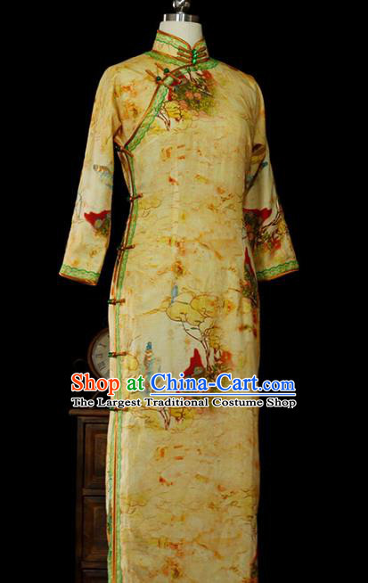 Chinese Classical Tang Suit Slim Cheongsam Traditional Minguo Printing Yellow Flax Qipao Dress