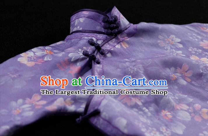 Republic of China Tang Suit Printing Violet Qipao Dress Traditional Minguo Classical Slim Cheongsam