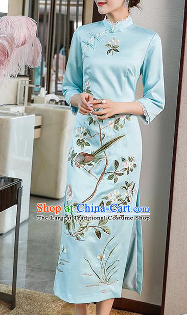 Chinese Traditional Tang Suit Cheongsam Costume Embroidered Blue Satin Qipao Dress