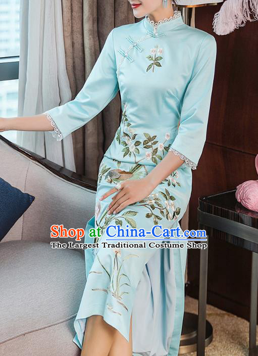 Chinese Traditional Tang Suit Cheongsam Costume Embroidered Blue Satin Qipao Dress