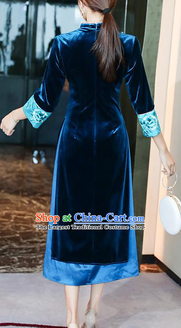 Chinese Traditional Embroidered Blue Velvet Qipao Dress Tang Suit Cheongsam Costume