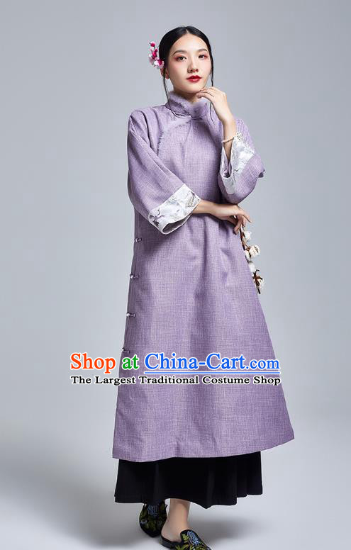 China Classical Cheongsam Costume Traditional Young Lady Embroidered Violet Qipao Dress