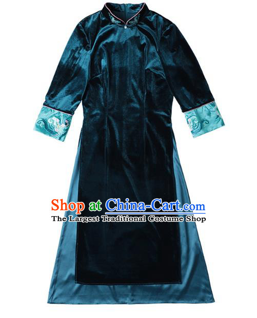 Chinese Traditional Embroidered Blue Velvet Qipao Dress Tang Suit Cheongsam Costume
