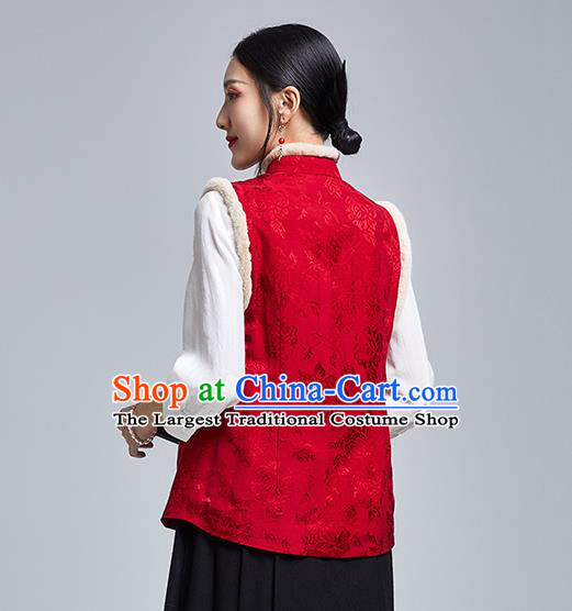 Chinese Traditional Tang Suit Upper Outer Garment National Red Brocade Cotton Wadded Vest