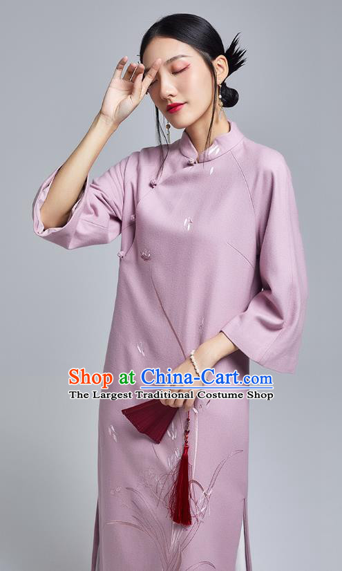 China Classical Lilac Woolen Cheongsam Costume Traditional Young Lady Embroidered Orchids Qipao Dress