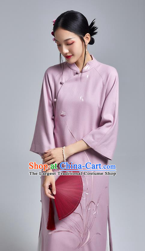 China Classical Lilac Woolen Cheongsam Costume Traditional Young Lady Embroidered Orchids Qipao Dress