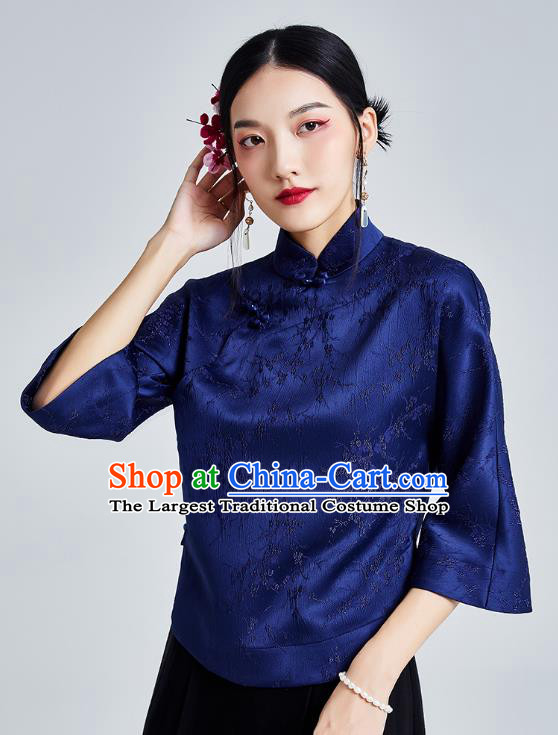 Chinese Traditional Tang Suit Upper Outer Garment Shirt Classical Cheongsam Royalblue Brocade Blouse