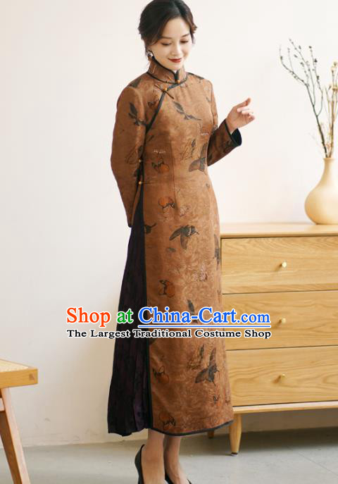 Republic of China Classical Butterfly Pattern Design Qipao Dress Top Brown Silk Female Cheongsam
