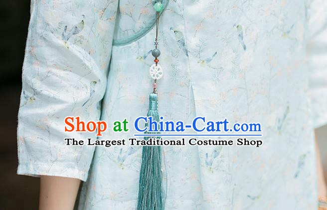 China Classical Light Green Ramie Cheongsam Zen Costume Traditional Young Lady Printing Qipao Dress