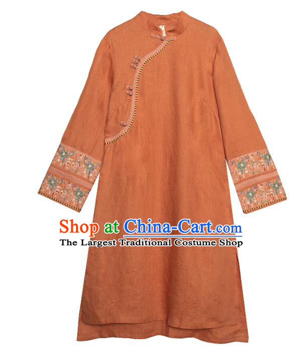 Chinese Traditional Tang Suit Long Shirt Classical Cheongsam Embroidered Orange Flax Blouse
