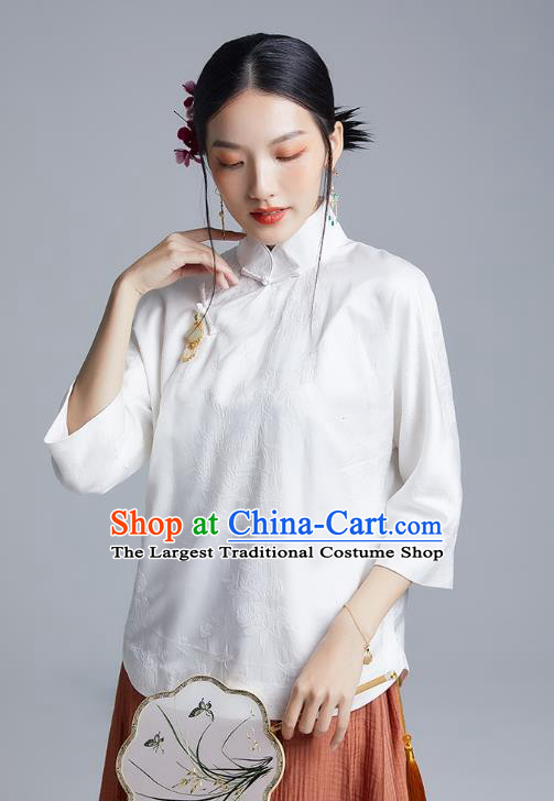 Chinese Traditional Tang Suit Shirt Upper Outer Garment Classical Cheongsam White Silk Blouse