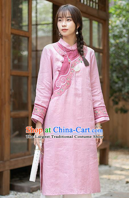 China Classical Embroidered Cheongsam Zen Costume Traditional Young Lady Pink Flax Qipao Dress