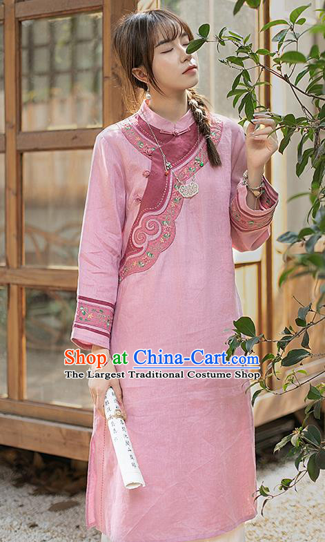 China Classical Embroidered Cheongsam Zen Costume Traditional Young Lady Pink Flax Qipao Dress