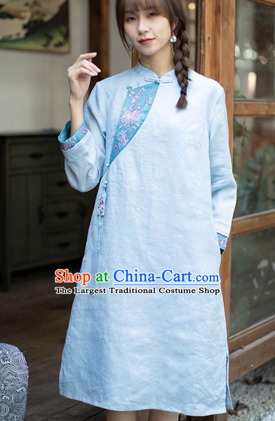 China Traditional Young Lady Blue Flax Qipao Dress Classical Embroidered Cheongsam Zen Costume
