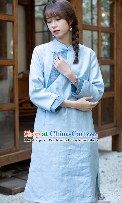 China Traditional Young Lady Blue Flax Qipao Dress Classical Embroidered Cheongsam Zen Costume