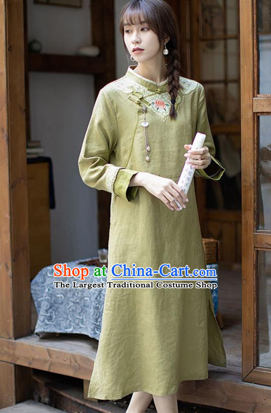 China Classical Embroidered Cheongsam Zen Costume Traditional Young Lady Green Flax Qipao Dress