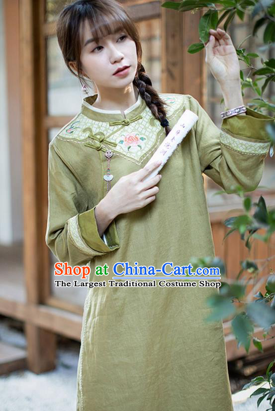 China Classical Embroidered Cheongsam Zen Costume Traditional Young Lady Green Flax Qipao Dress