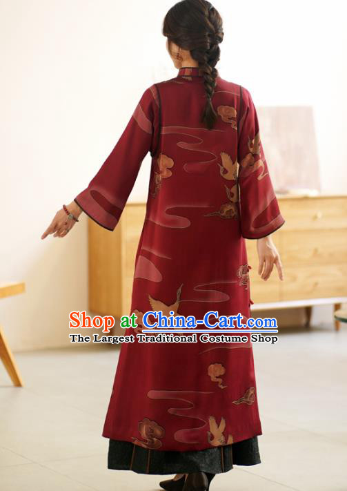 Top Female Red Silk Cheongsam Republic of China Classical Cranes Pattern Design Qipao Dress Clothing