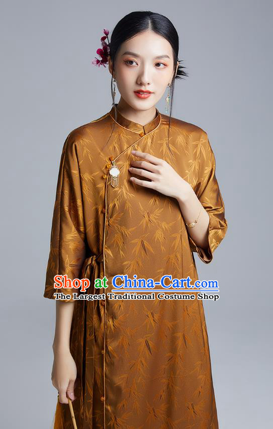 China Classical Bamboo Leaf Pattern Cheongsam Costume Traditional Young Lady Brown Silk Qipao Dress