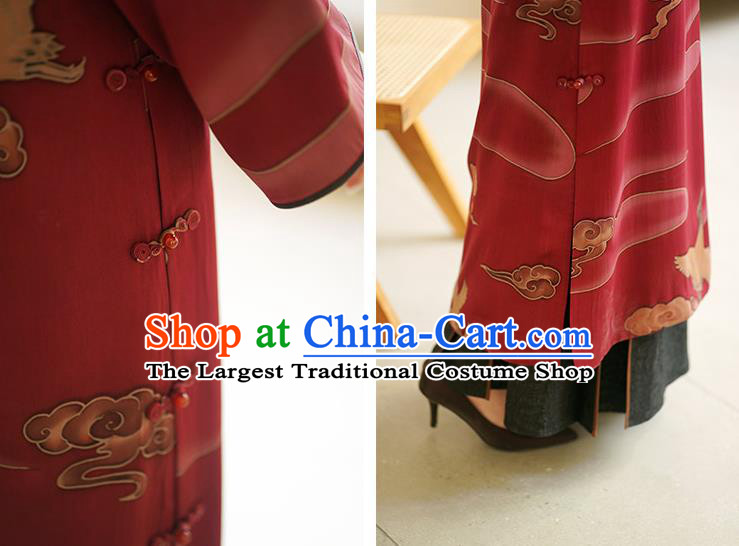 Top Female Red Silk Cheongsam Republic of China Classical Cranes Pattern Design Qipao Dress Clothing