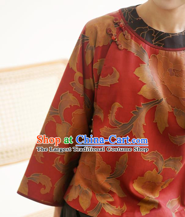 China Traditional Red Watered Gauze Upper Outer Garment Classical Cheongsam Shirt National Silk Shirt