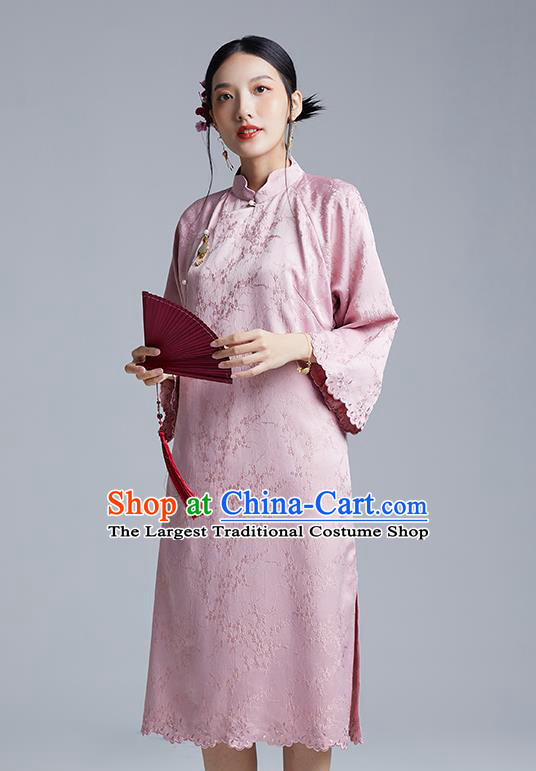 China Classical Plum Blossom Pattern Cheongsam Costume Traditional Young Lady Pink Mandarin Sleeve Qipao Dress