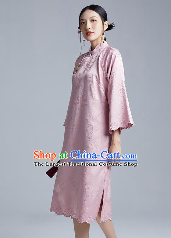 China Classical Plum Blossom Pattern Cheongsam Costume Traditional Young Lady Pink Mandarin Sleeve Qipao Dress