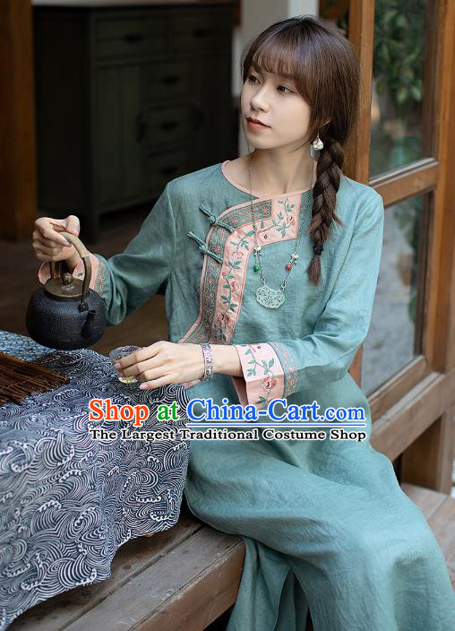 China Classical Embroidered Green Cheongsam Zen Flax Costume Traditional Young Lady Qipao Dress