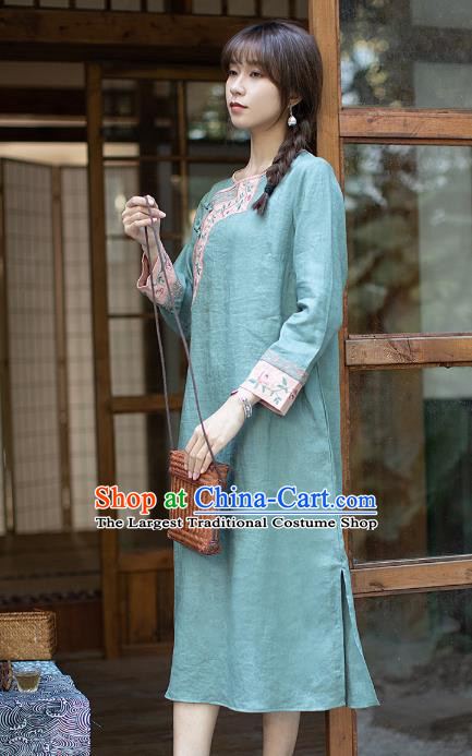 China Classical Embroidered Green Cheongsam Zen Flax Costume Traditional Young Lady Qipao Dress