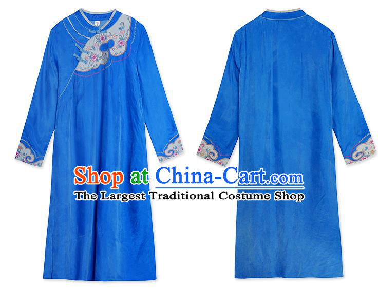 China Classical Embroidered Slant Opening Cheongsam Traditional Young Lady Royallbue Qipao Dress