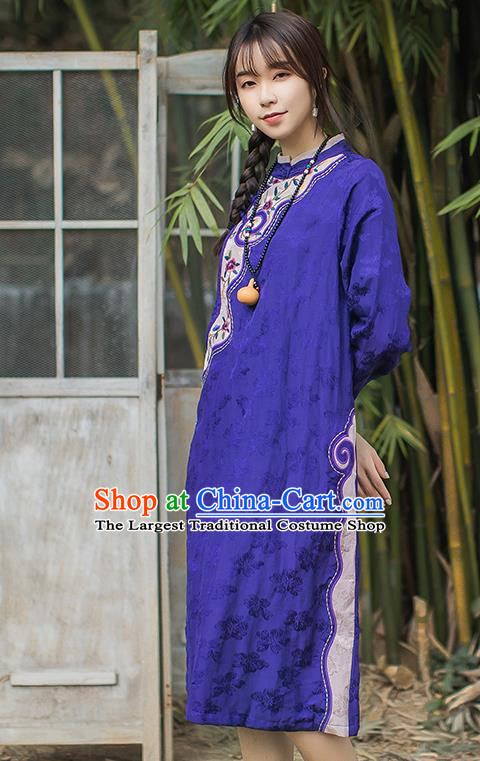 China Traditional Young Lady Slant Opening Qipao Dress Classical Embroidered Purple Cheongsam