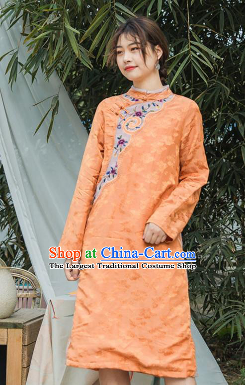 China Traditional Young Lady Qipao Dress Classical Embroidered Orange Cheongsam Costume
