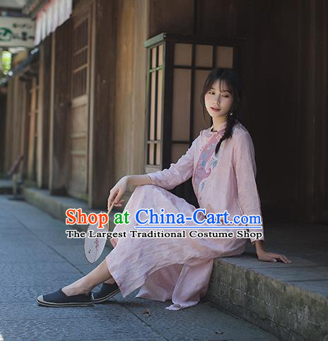 China Classical Cheongsam Costume Traditional Tang Suit Young Woman Embroidered Pink Flax Qipao Dress